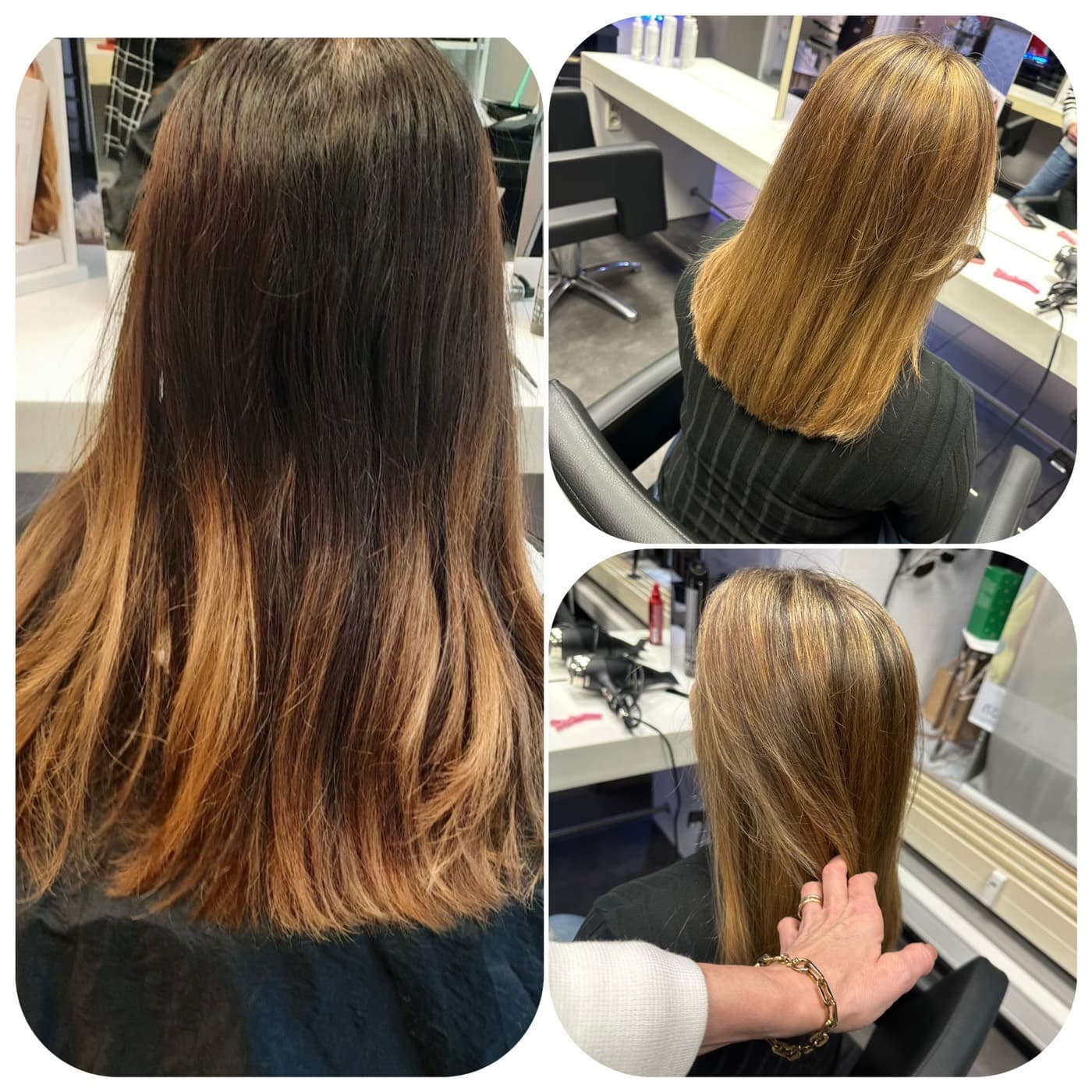 Vorher-Nachher: dunkles Haar wird zu honigblonder Balayage mit gepflegten Spitzen