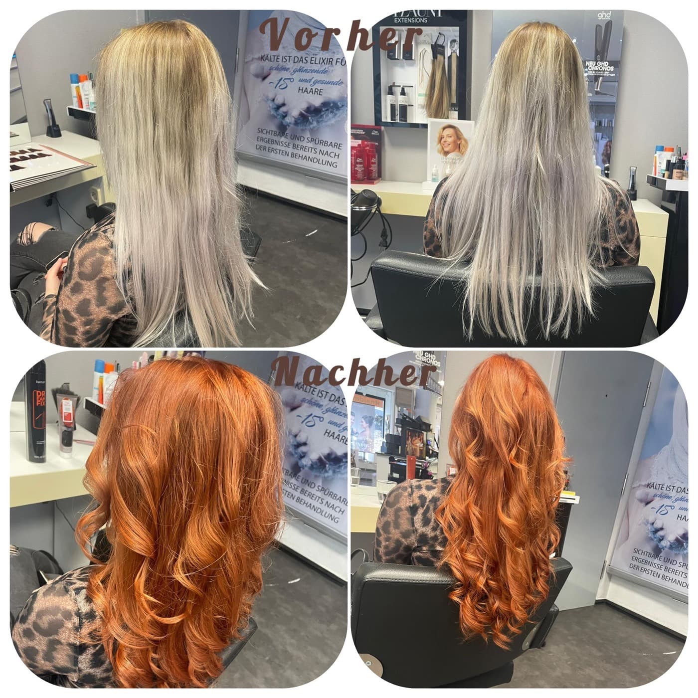 Vorher-Nachher: helles Blond wird zu leuchtendem Kupferrot mit voluminösen Locken