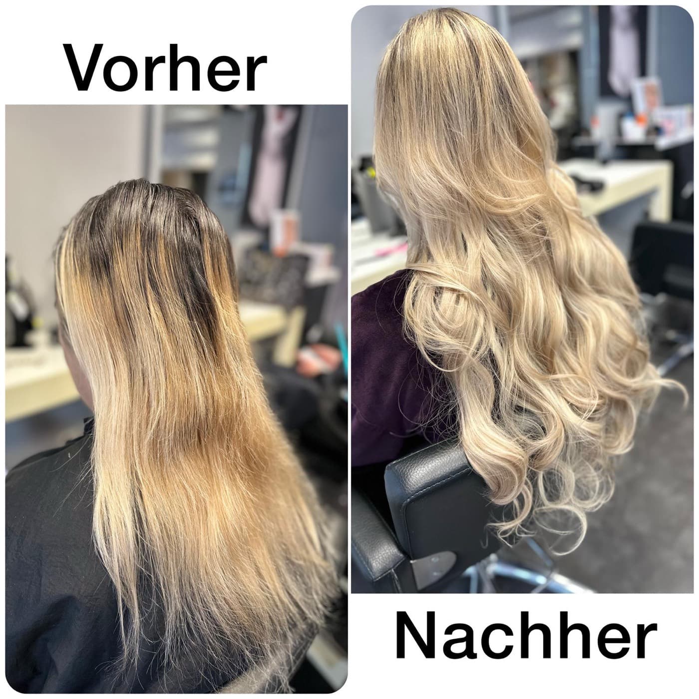 Vorher-Nachher: langes blondes Haar mit Balayage und voluminösen Wellen