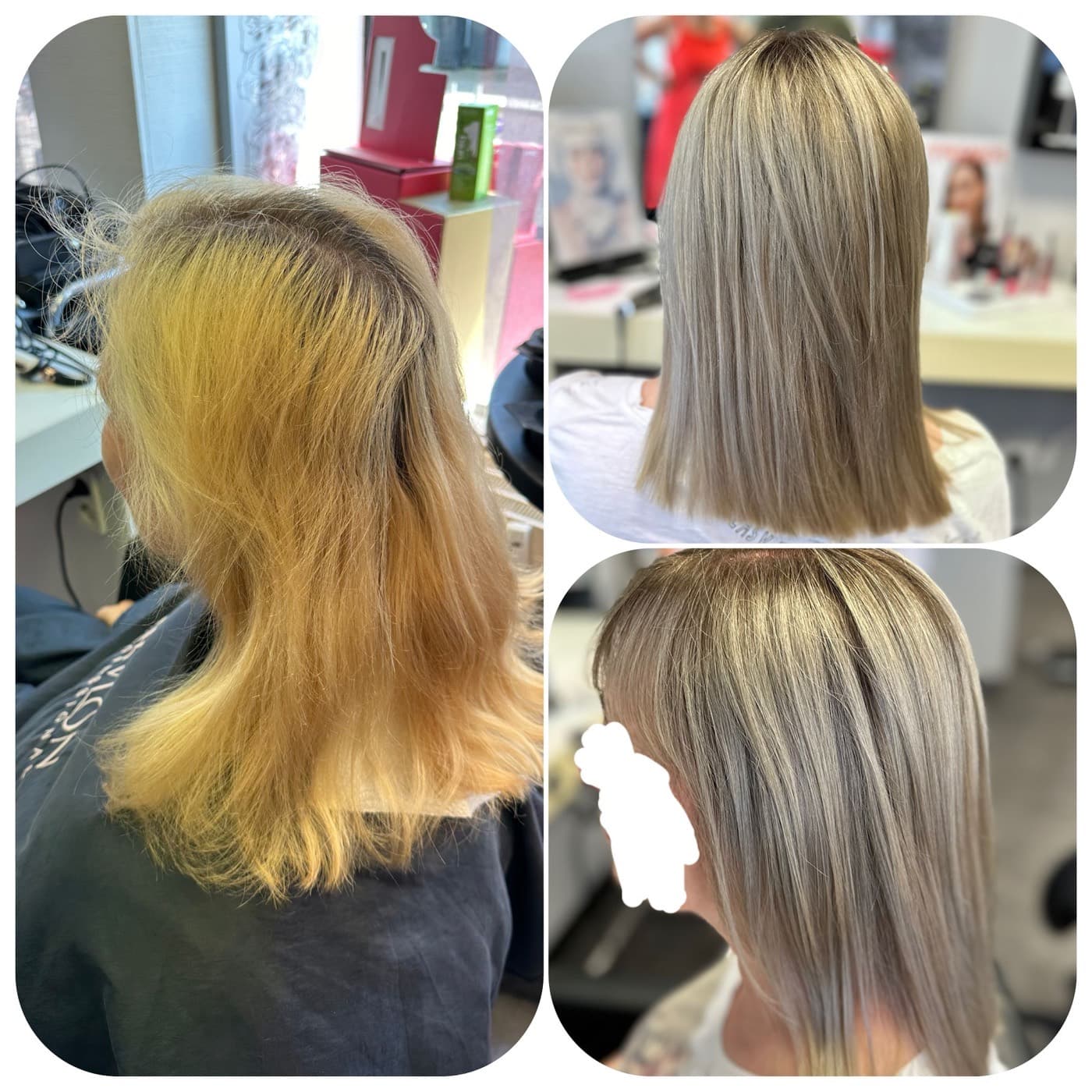 Vorher-Nachher: kühles Blond mit Strähnen und einem modernen Long-Bob