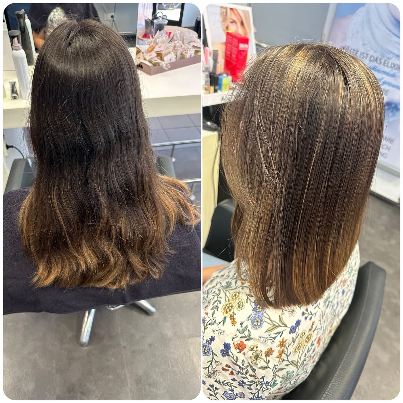 Vorher-Nachher: dunkles Haar wird zu glänzendem Bronde mit feinen Highlights
