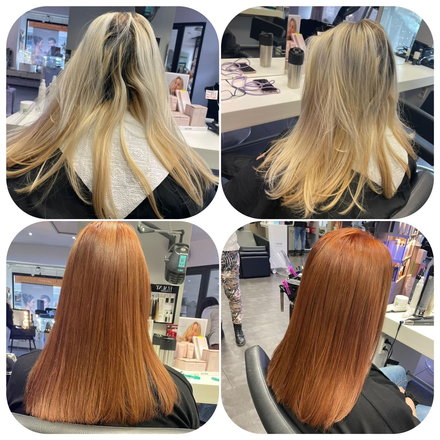 Coloration-Ergebnisse bei Haarmoden Pina: blonde Balayage und glänzendes Kupfer
