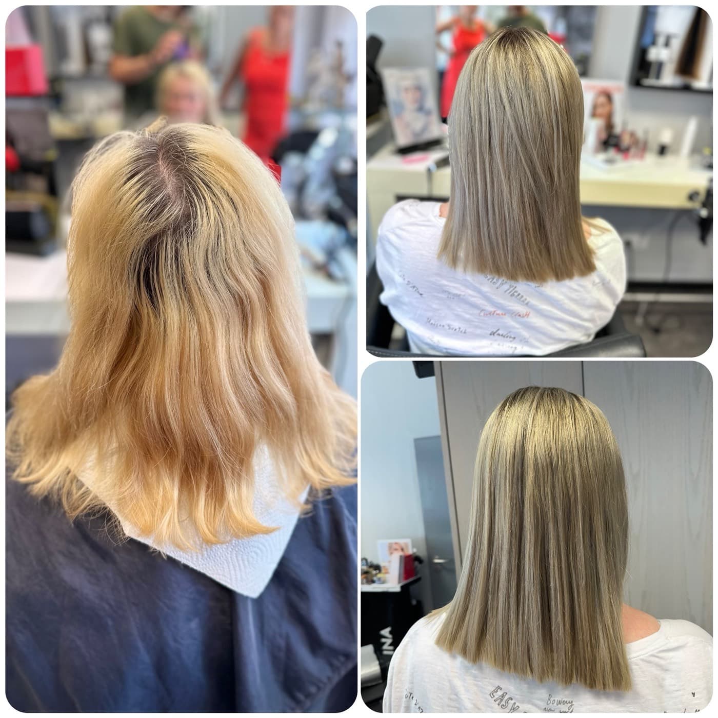 Vorher-Nachher: gelbstichiges Haar wird zu kühlem Blond mit glattem Long-Bob