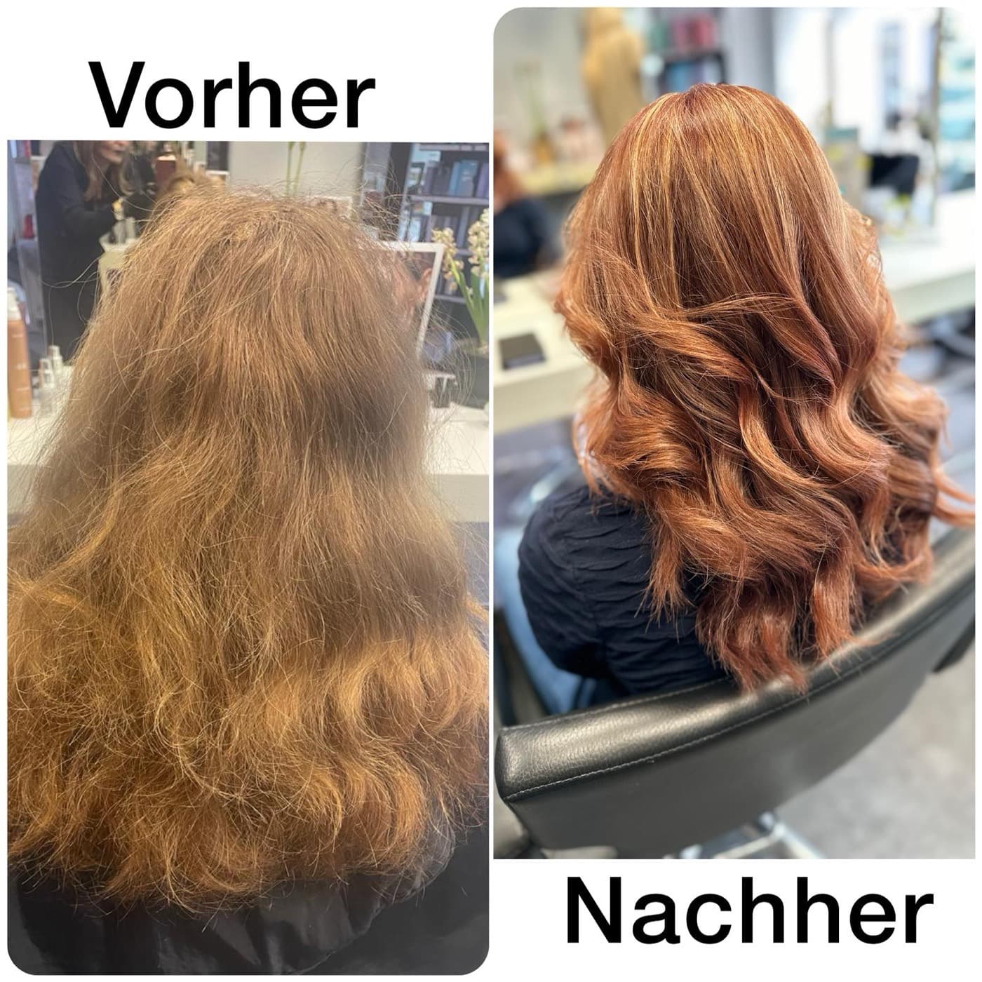Vorher-Nachher: krauses Haar wird zu einer glänzenden Kupfer-Coloration mit Wellen